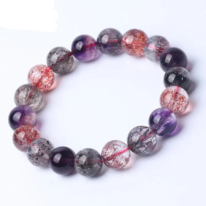 Natural Super Seven Crystal Beaded Bracelet – Amethyst and Strawberry Quartz Jewelry for Men and Women