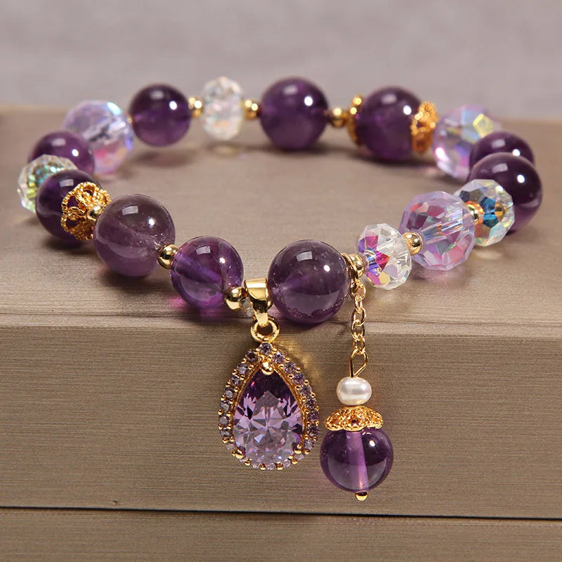 New Purple Crystal Beaded Bracelets For Women Shiny Zircon Flower Water Drop Charm