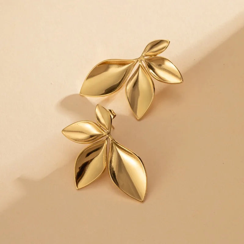 Fashion Stainless Steel Leaves Flower Stud Earrings Bright  Texture High Quality Jewelry