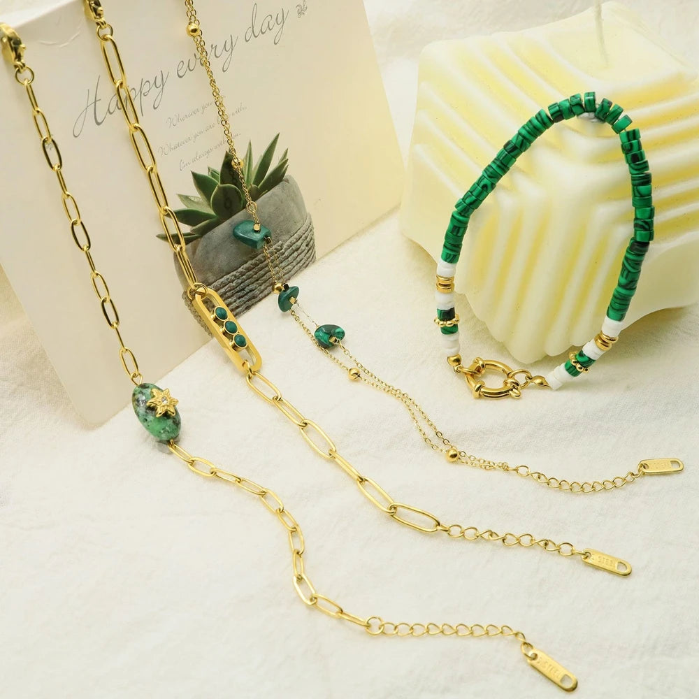 Boho Vintage Green Natural Stone Bracelets for Women Stainless Steel Trendy Charms Aesthetic Jewelry Set