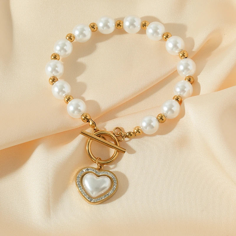 Stainless Steel Pearl Heart Love Charm Bracelets For Women Girl New Trendy High Quality Wrist Jewelry