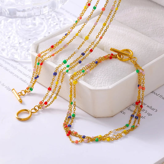 Boho Stainless Steel Necklace Bracelet For Women Gold Plated Colorful Enamel Beads Women's Multi Chain Necklaces Bracelets Sets