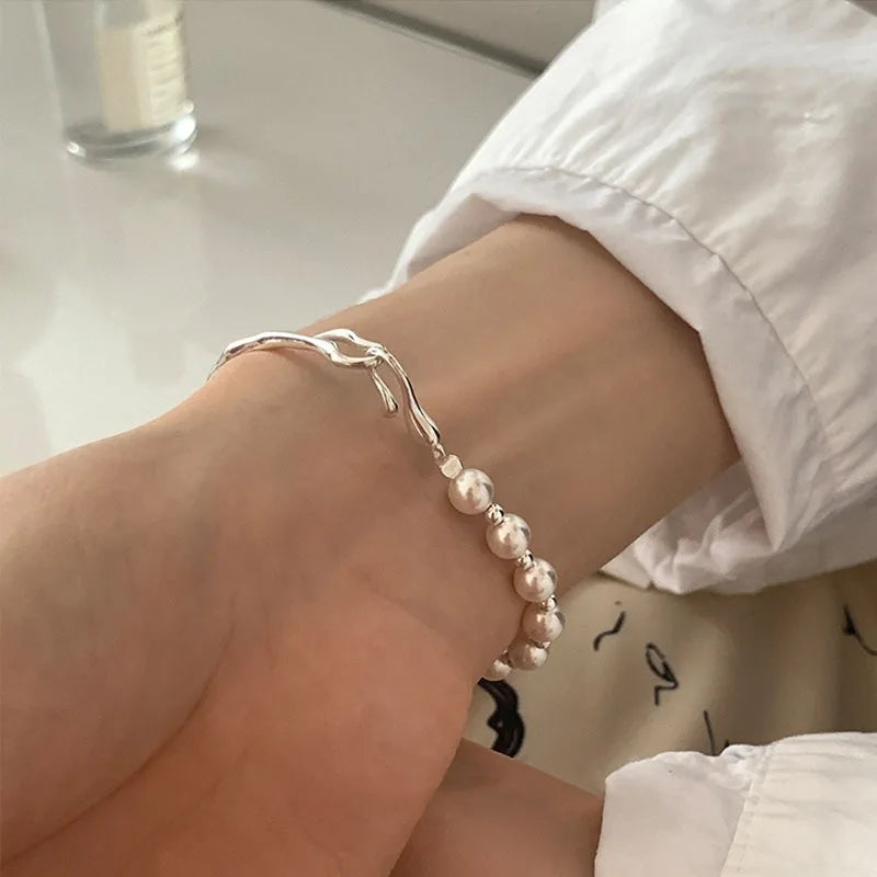 Vintage 925 Sterling Silver Pearl Bracelet For Women  Metal Knots Charm Bracelets