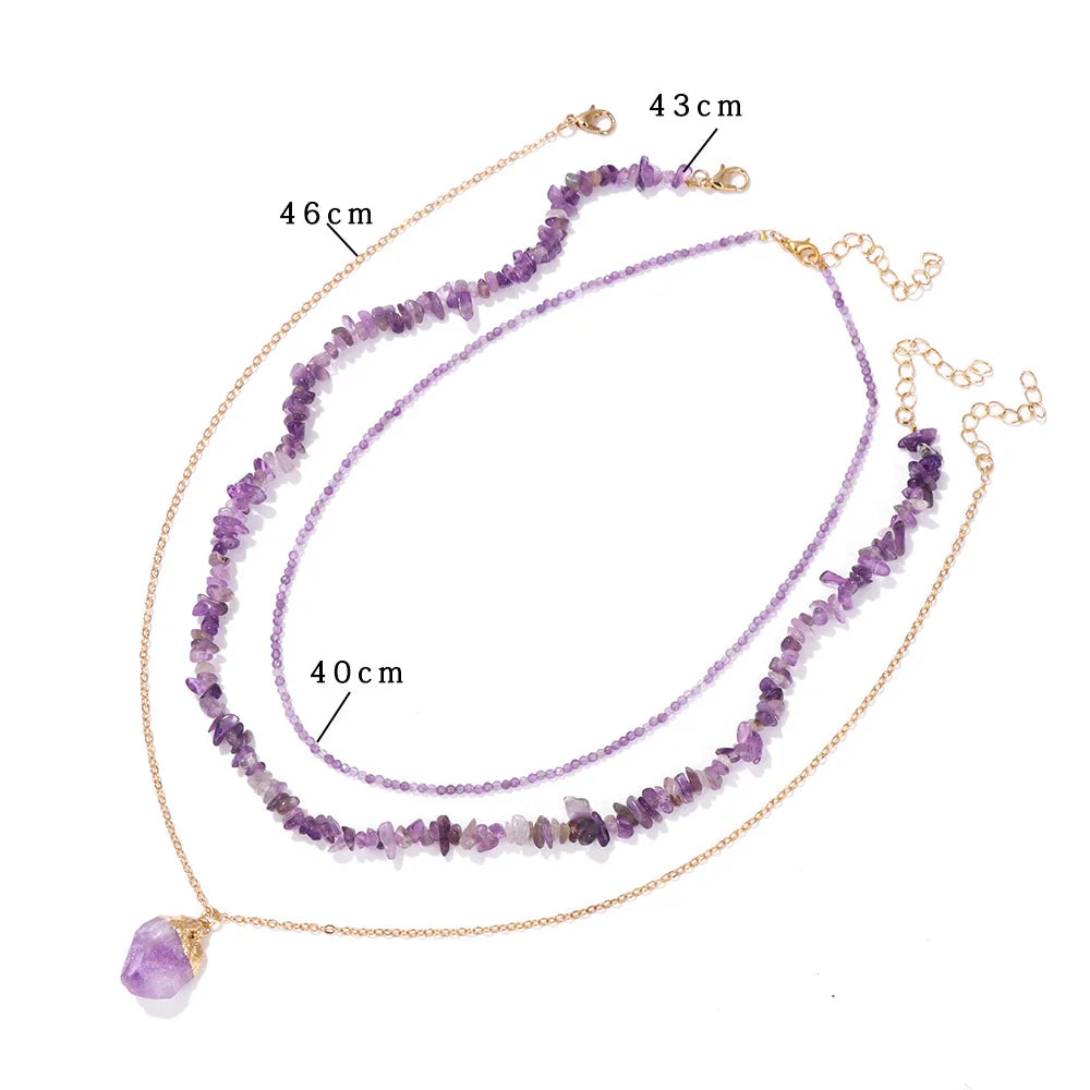 3pcs/set Natural Amethysts Beads Necklaces For Women Irregular Raw Quart Pendant Necklaces Chain Handmade Energy Healing Jewelry