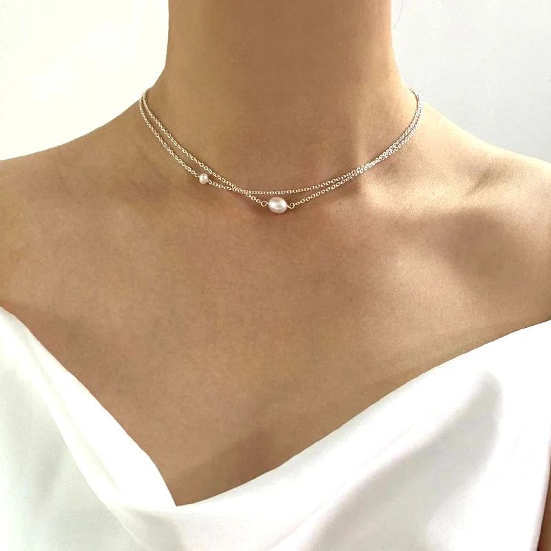 Natural Freshwater Pearl Double Necklace 925 Sterling Silver Chain for Women Female Pearl Choker Fashion Jewelry