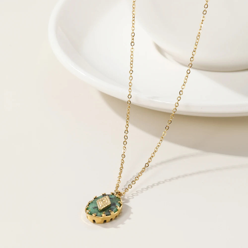 Stainless Steel Chains Necklace for Women Turquoise Natural Stone Pendant 18K Gold Plated Necklaces Trendy Jewelry Gift