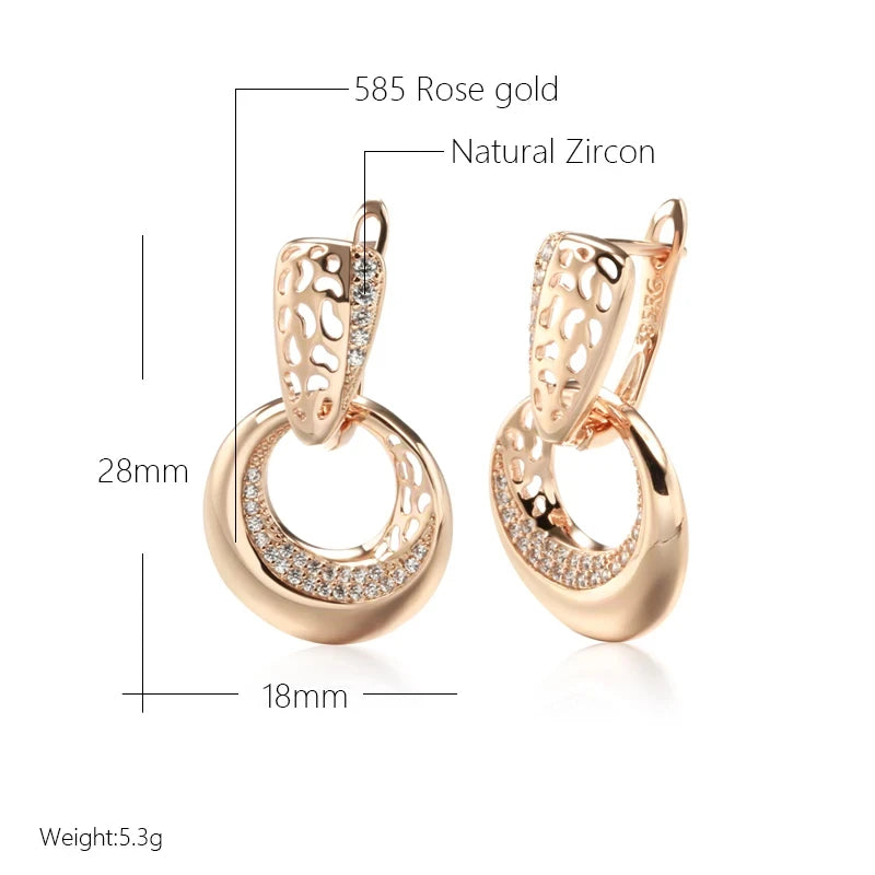 Wbmqda Luxury Circle Hollow Drop Earrings For Women 585 Rose Gold Color With White Natural Zircon Fine Daily Party Jewelry