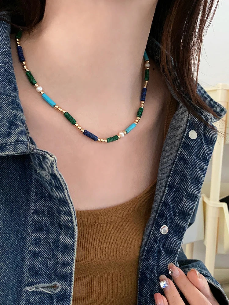 Turquoise Beads Chain Fashion necklace collarbone chain high-end retro natural stone bead sweater chain