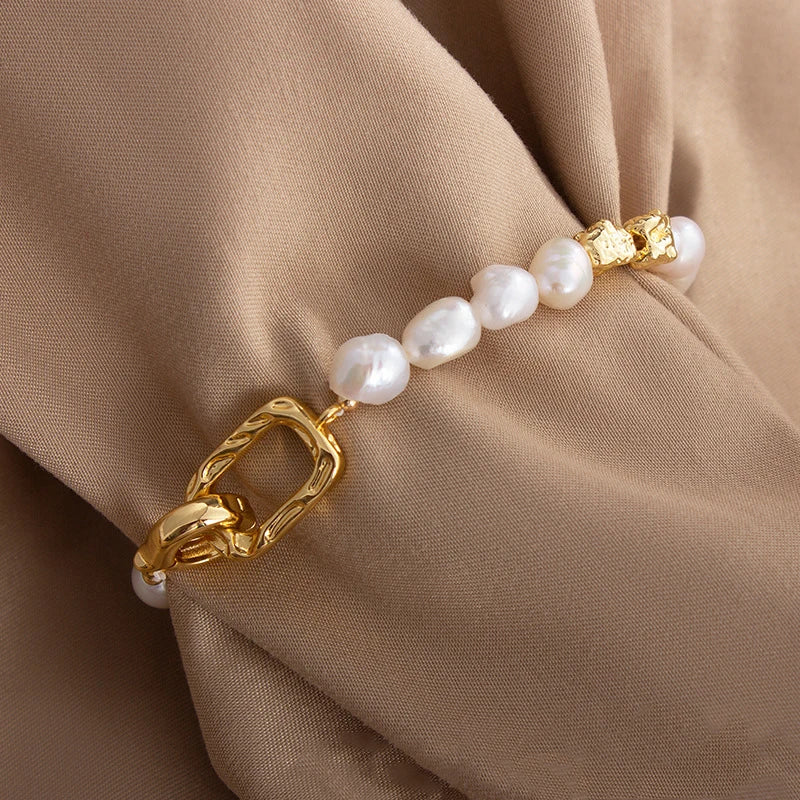 Natural Freshwater Pearl Irregular Baroque Bracelet Elegant Gold Color Charms Bangles for Women Luxury Personality Jewelry