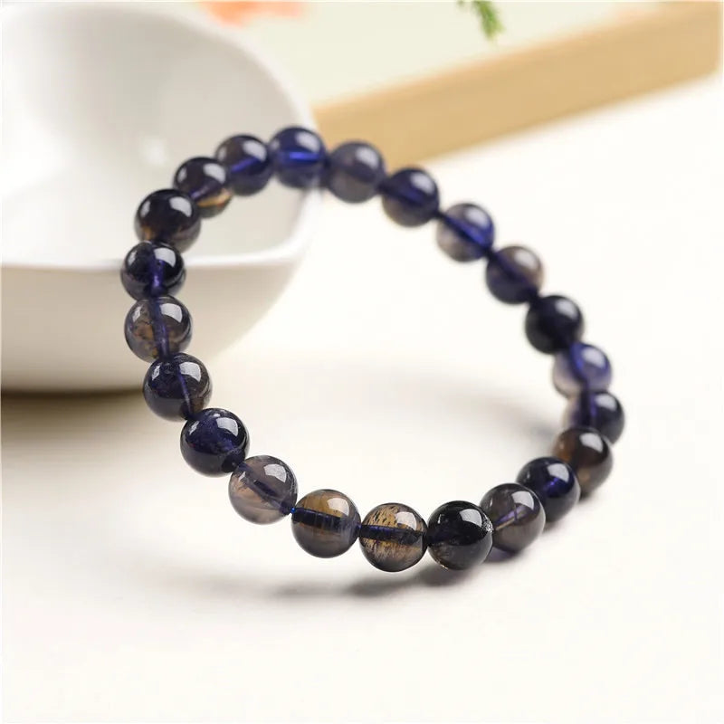 Natural Blue Dichroite Cordierite Iolite Stretch Bracelet Women Clear Round Beads Iolite Jewelry 7mm 8mm 9mm AAAAA