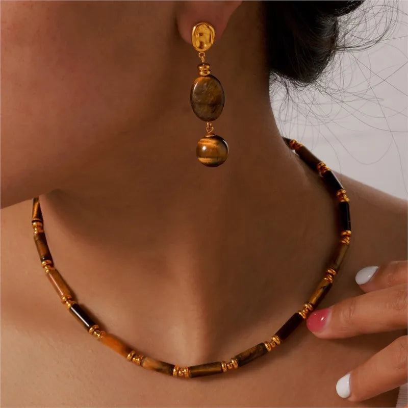 Tiger-eye Stone Beads Drop Earrings Necklace Stainless Steel Gold Plated Stud Earring Necklaces For Women Jewelry Set