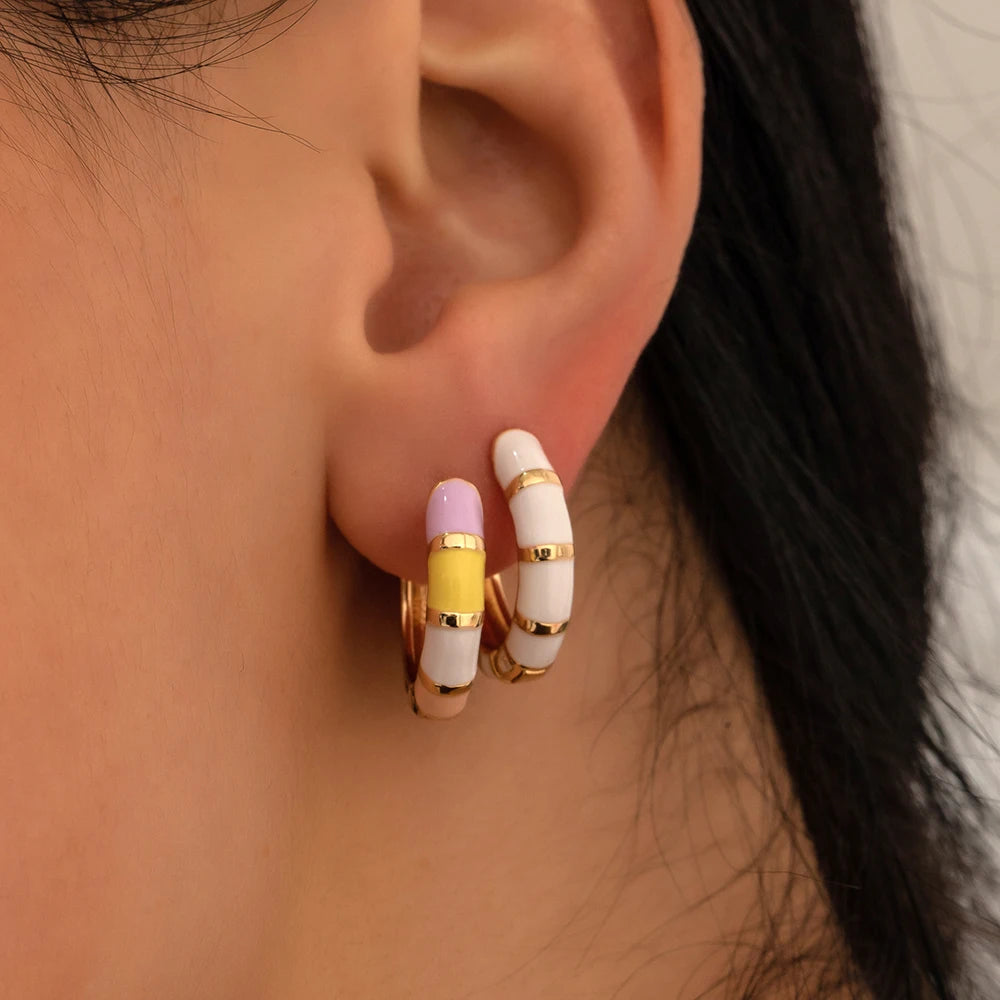 Cute Enamel Colorful Block Huggies Earrings for Women Rainbow Color Gold Plated Round Circle Ear Buckles Tiny Piercing Earrings