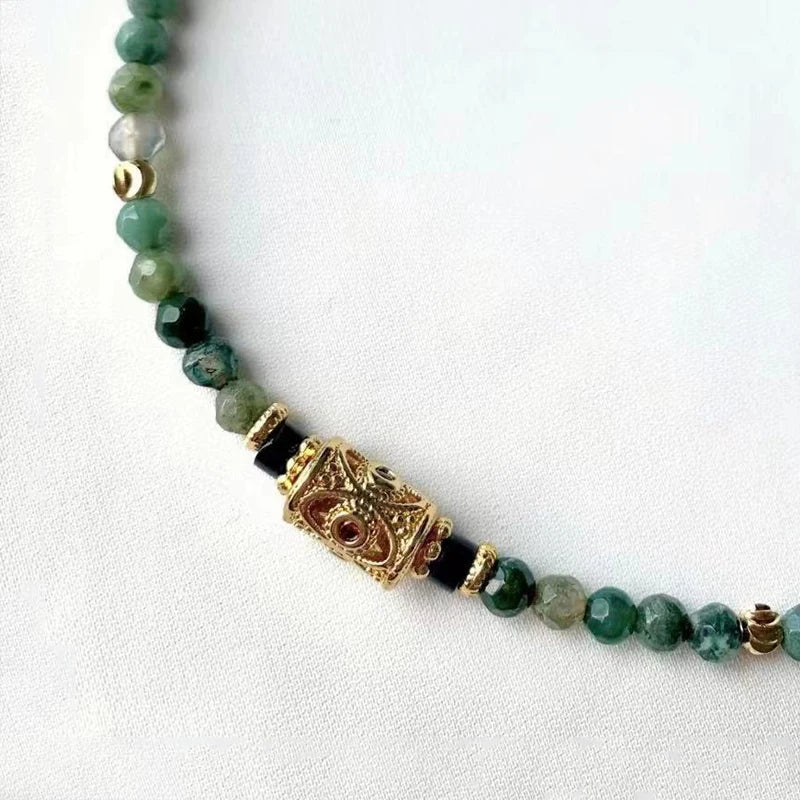 Classic Versatile Moss Agate Turquoise Natural Stone Necklace Copper Alloy Big Hole Bead Decoration Charming Ethnic Jewelry