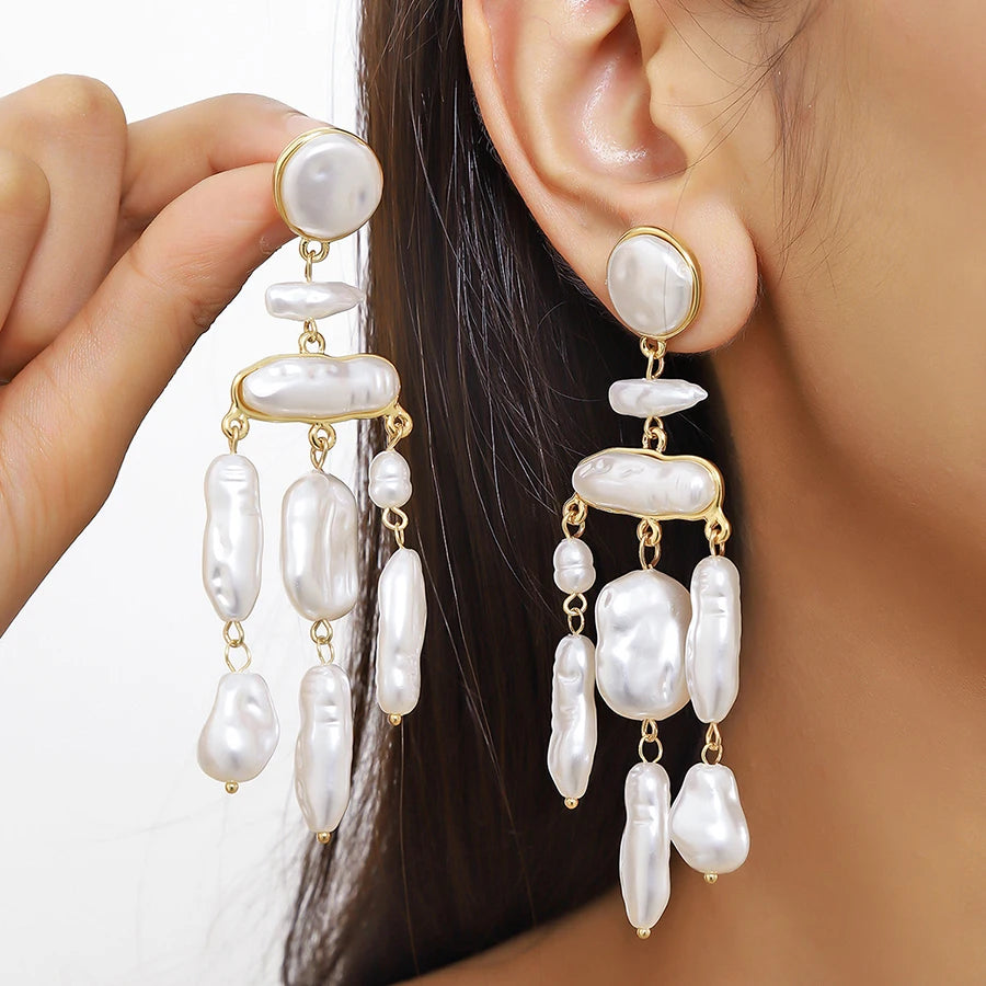 Irregular Simulate Baroque Pearl Pierced Earrings for Women  Long Dangle Tassels Earrings Jewelry