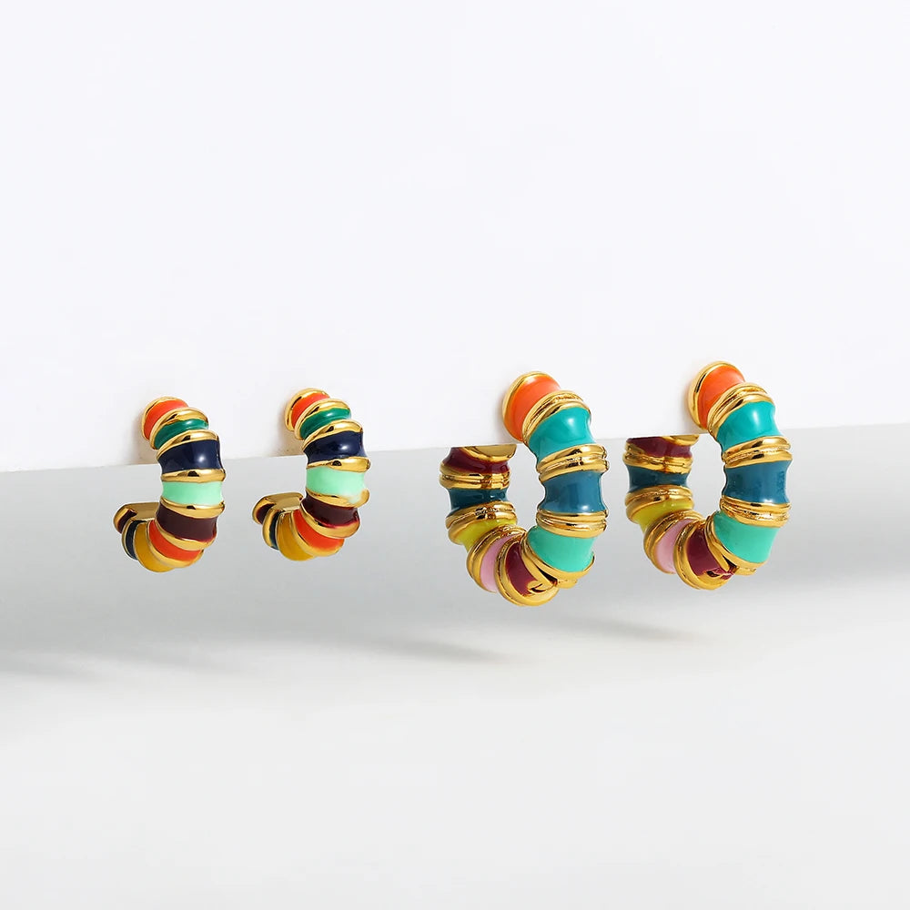 Fashion Multicolour Drip Oil Enamel Twisted Bamboo Joint Thick C Shape Hoop Earrings