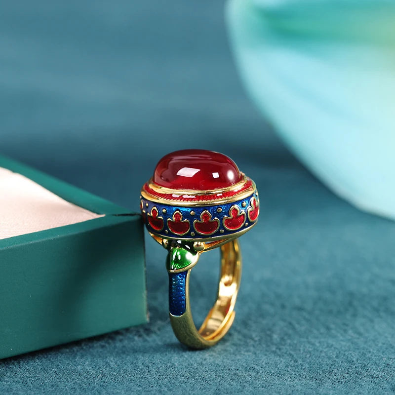 Original ancient gold craftsmanship natural carnelian rings for women flower enamel national style