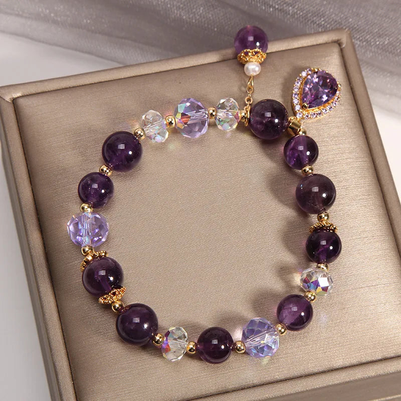 New Purple Crystal Beaded Bracelets For Women Shiny Zircon Flower Water Drop Charm