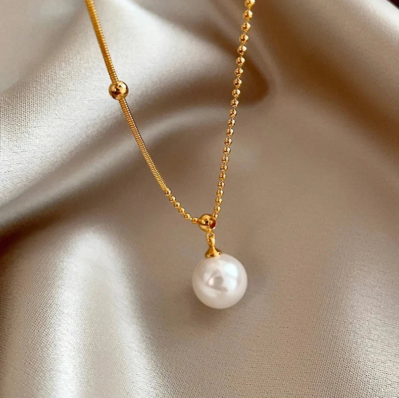 New Stainless steel Bead Chain Splicing Pearl Pendant Necklace For Womens Fashion Accessories Jewelry