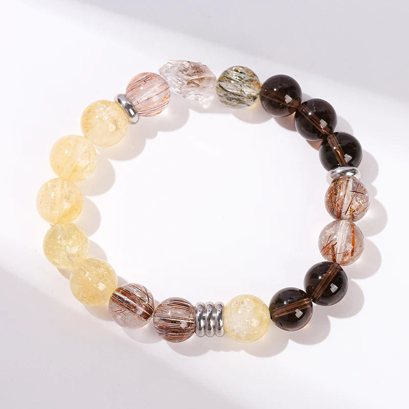 Natural Rutilated Quartz Citrine Smoky Quartz Combined Strand Bracelets Women Men Wealth Lucky Crystal Energy Beaded Jewelry