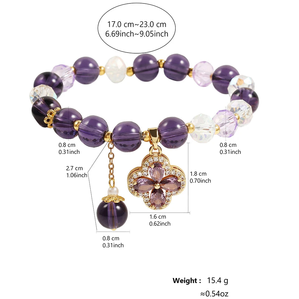 Natural Amethyst Beaded Flower Bracelet For WomenLuminous Zircon Pendant Retro Elegant Blessing Card Gift Woven Jewelry