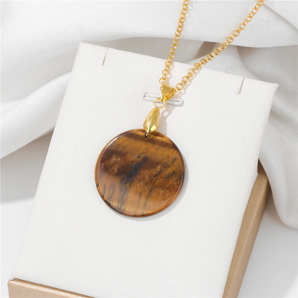 Round Slice Stone Pendent Necklace Natural Tiger Eye Lapis Lazuli Stone Chain Necklace