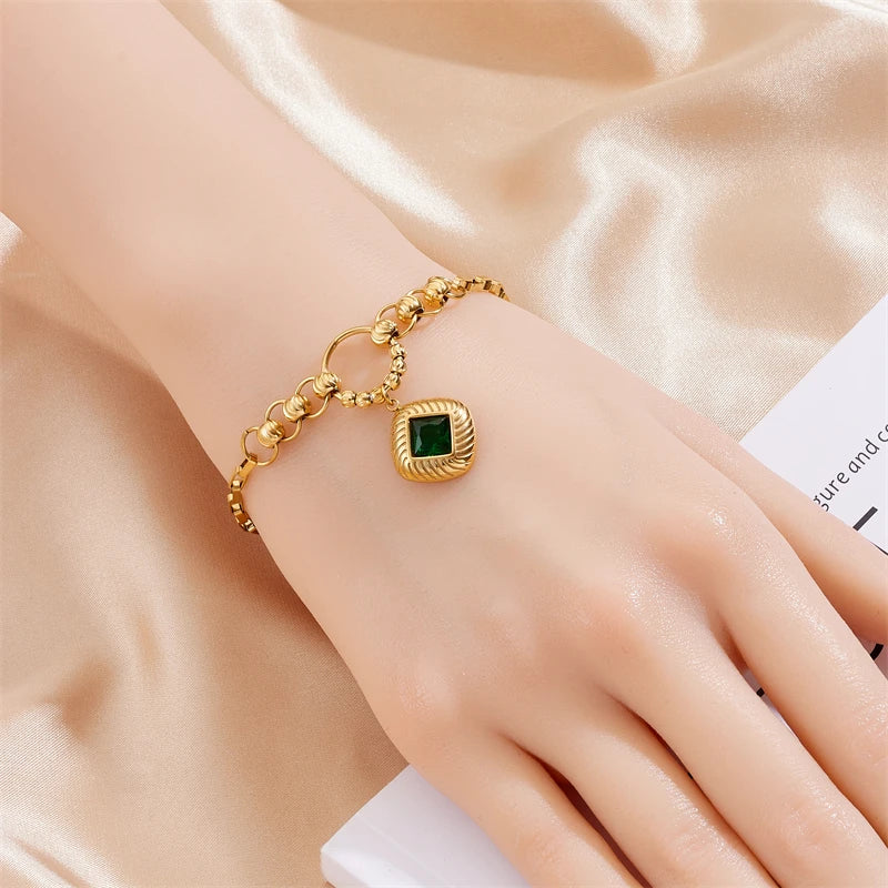 Stainless Steel Geometric Green Zircon Necklace Bracelet Earrings For Women Girl New Party Gift Fashion Jewelry Set