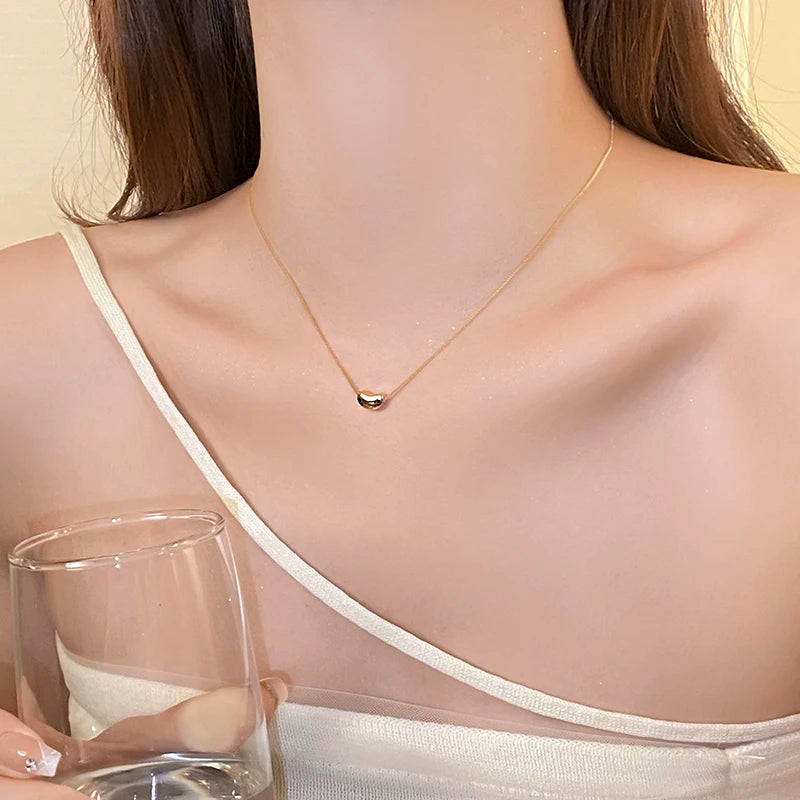 Stainless Steel Gold Color Chain Metal Pea shaped Pendant Necklace  Fashion Jewelry