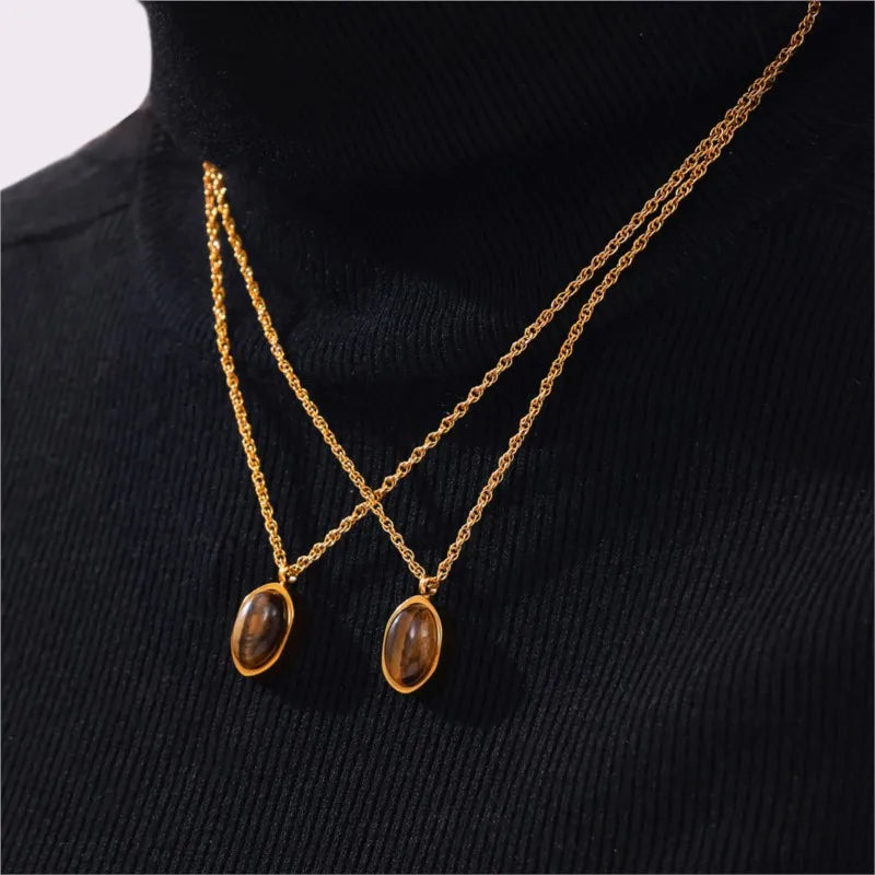 Tiger Eye Stone Pendant Necklace For Women Stainless Steel 18K Gold Plated Waterproof Women's Necklaces Girls Neck Chain Choker