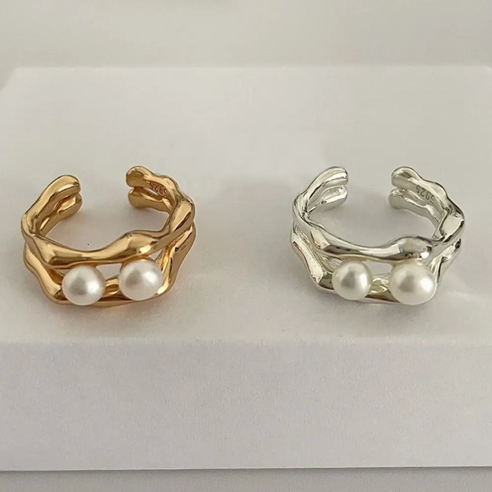 Plating Personality Geometric Finger Buckle Korean Style Jewelry Double-Deck Rings  Pearl Rings Women Jewelry Accessories