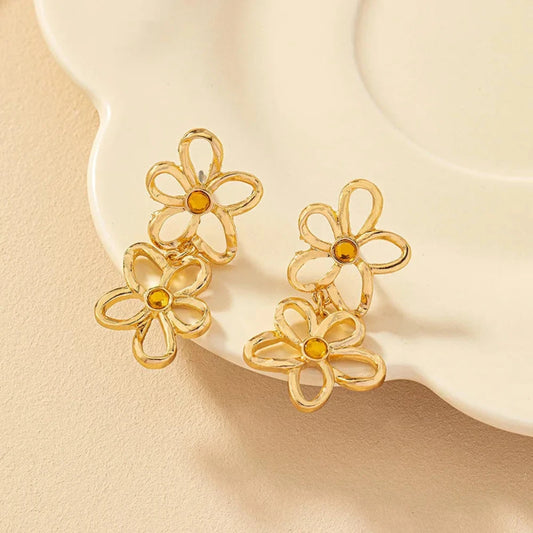 Hollow Double Flower Drop Earrings Korean Design Fashion Minimalist Gold Color Ear Hip Hop Jewelry