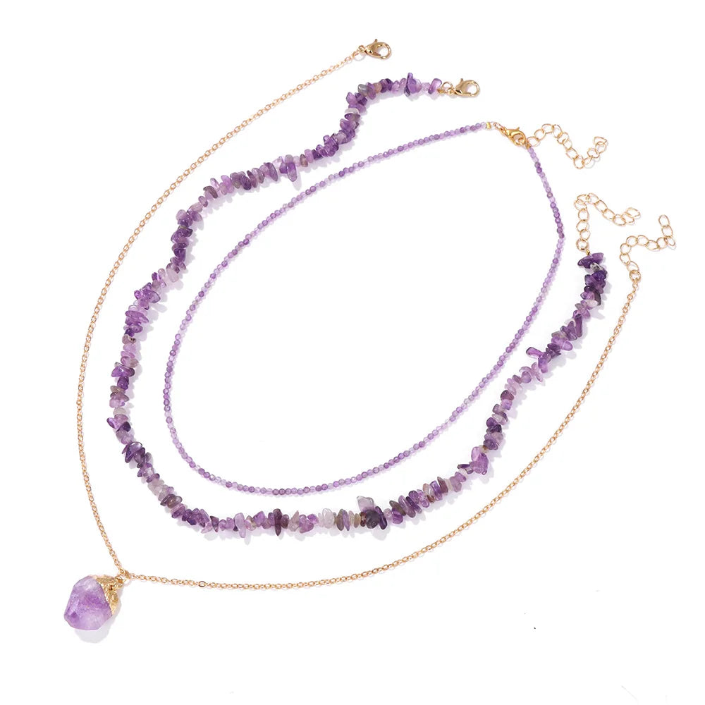 3pcs/set Natural Amethysts Beads Necklaces For Women Irregular Raw Quart Pendant Necklaces Chain Handmade Energy Healing Jewelry