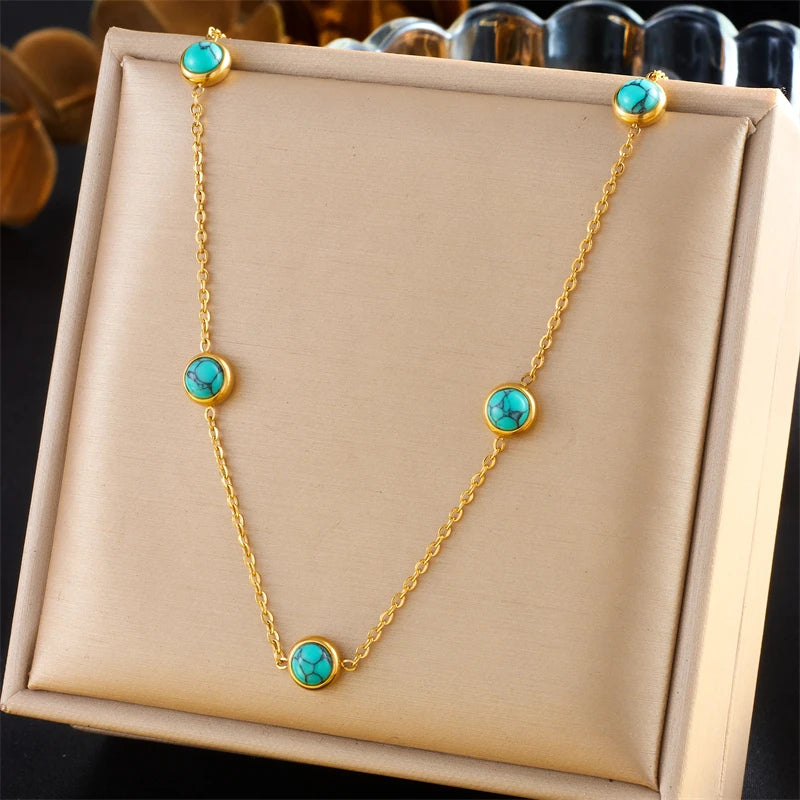 Stainless Steel Turquoise Simplicity Golden Necklace Earrings trendy necklaces