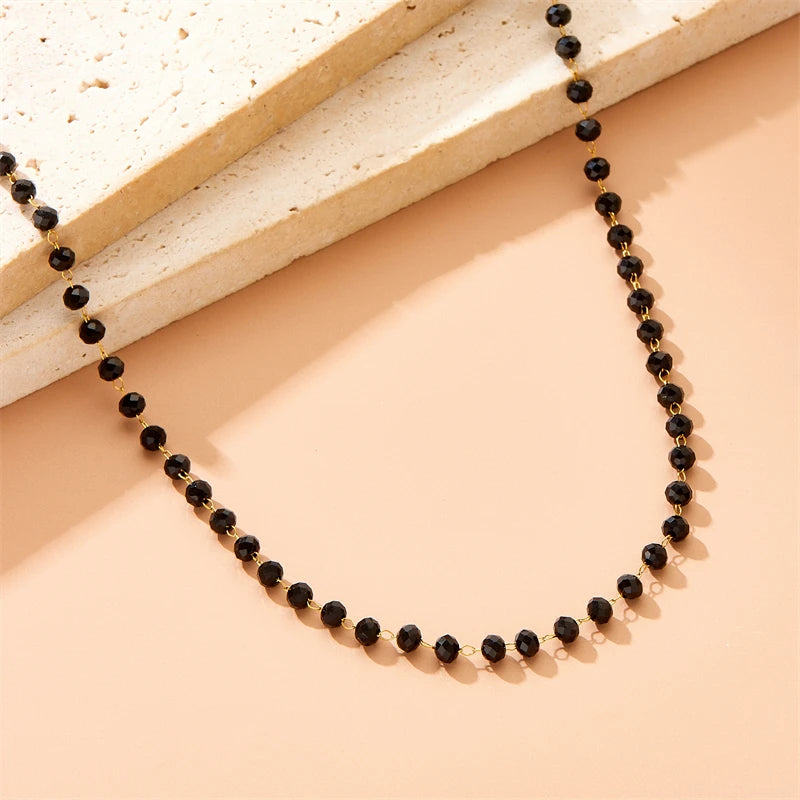 316L Stainless Concise Steel Black Glass Stone Necklace Bracelet Suit For Womens 2024 New TrendNon-fading jewelry Set