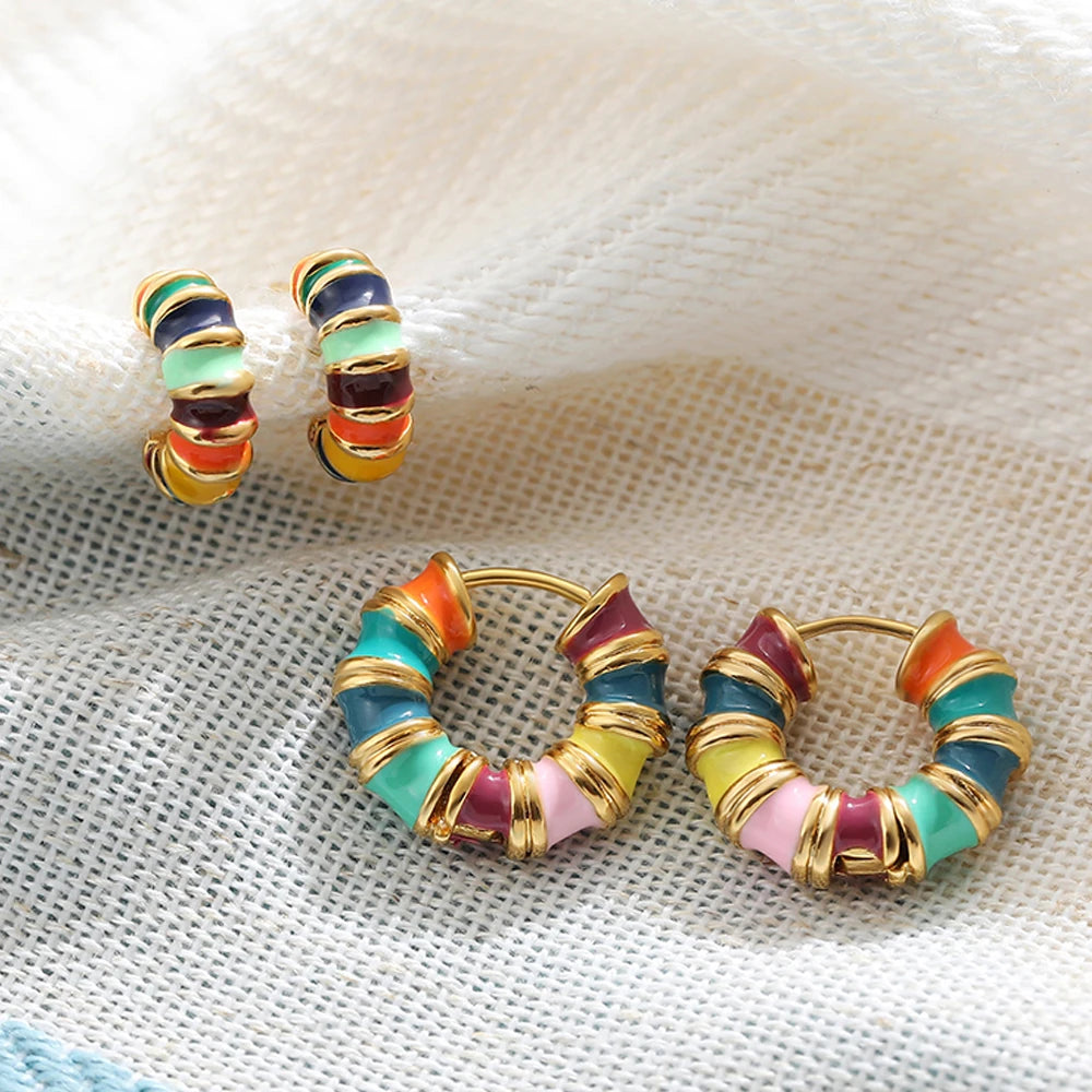 Fashion Multicolour Drip Oil Enamel Twisted Bamboo Joint Thick C Shape Hoop Earrings