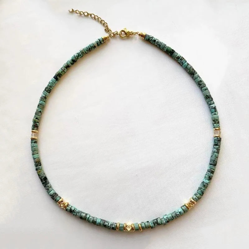 Classic Versatile Moss Agate Turquoise Natural Stone Necklace Copper Alloy Big Hole Bead Decoration Charming Ethnic Jewelry