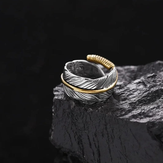 Silver Color Feather Ring for Men's and Women's Vintage Niche High-end Index Finger Rings Fashion Jewelry