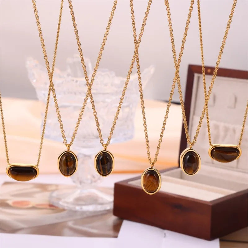 Tiger Eye Stone Pendant Necklace For Women Stainless Steel 18K Gold Plated Waterproof Women's Necklaces Girls Neck Chain Choker