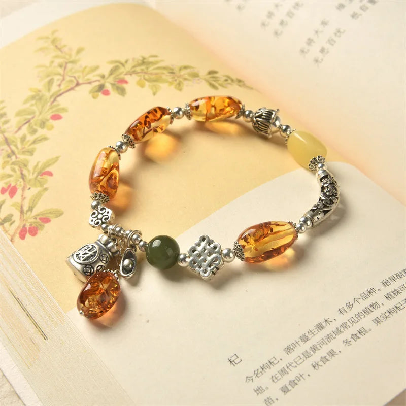 Vintage Women's Natural Piebald Amber Bracelet Amber S925 Sterling Silver Thai Silver Elbow Lucky Bag DIY Design Bracelet