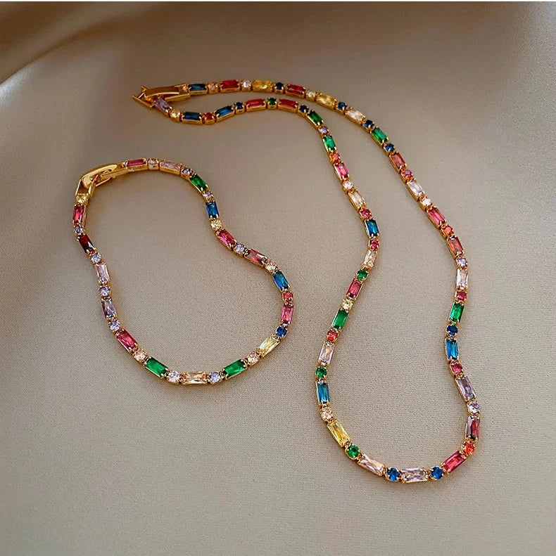 Colorful Zircon Chain Necklace Bracelet Jewelry Sets  Fashion Accessories