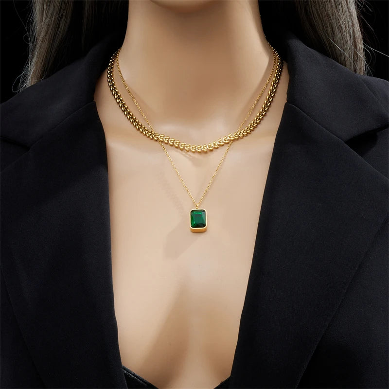 316L Stainless Steel Square Luxury Green Crystal Zircon Necklace Earrings For Women Fashion Non-fading Chain Jewelry Set