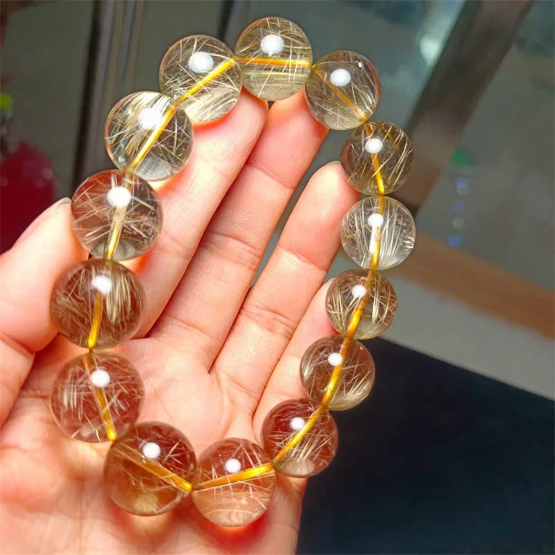 Natural Rutilated Quartz Bracelet Handmade Fortune Energy Bangle Mineral  Amulet Jewelry Gift 1PCS 16MM