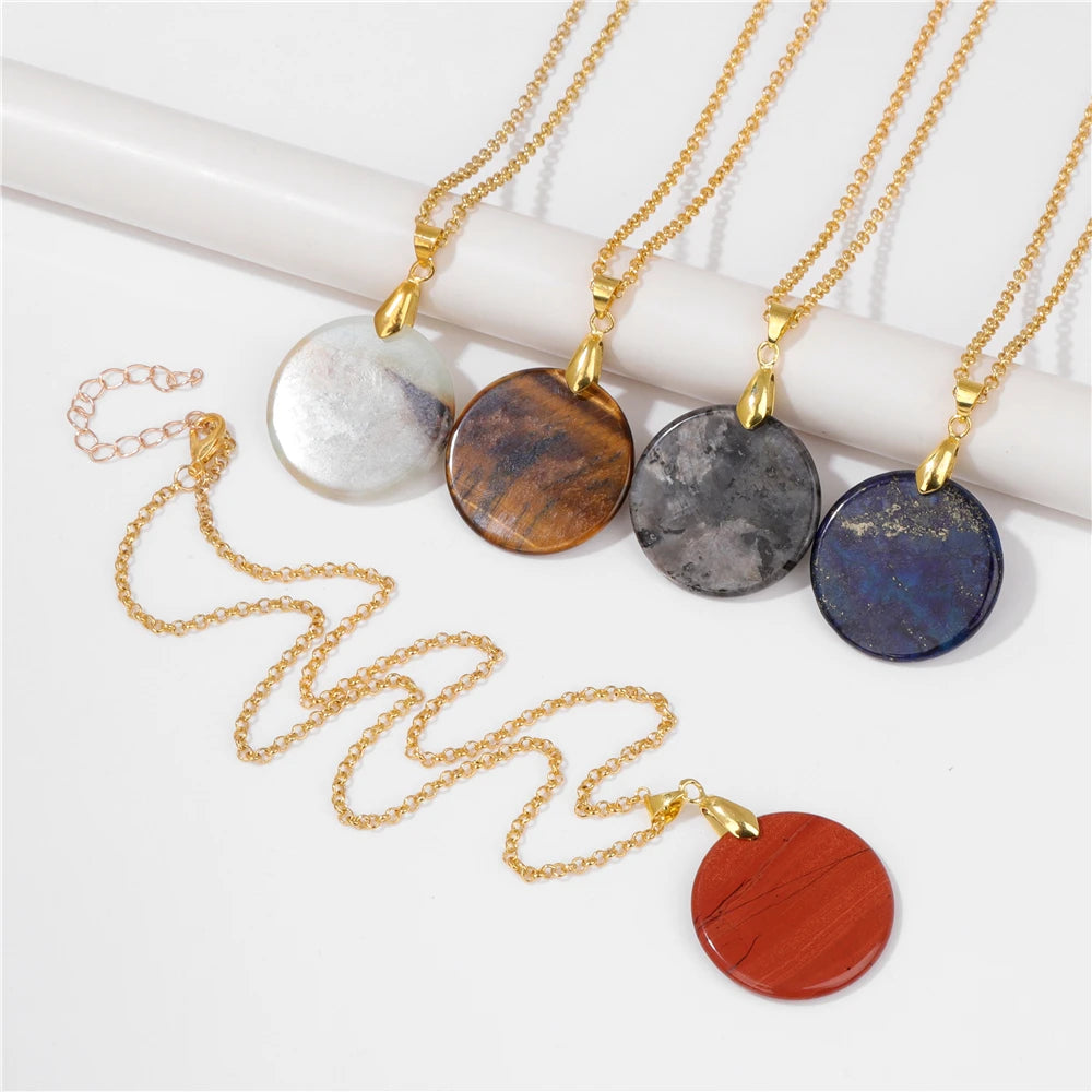 Round Slice Stone Pendent Necklace Natural Tiger Eye Lapis Lazuli Stone Chain Necklace