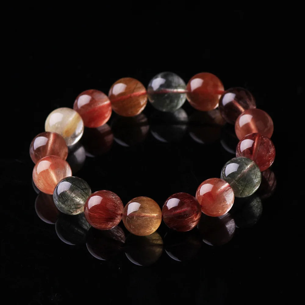 Natural Colorful Rutilated Quartz Beads Bracelet Women Men Red Green Copper Clear Round Beads 8mm 10mm 12mm 14mm 16mm AAAAA