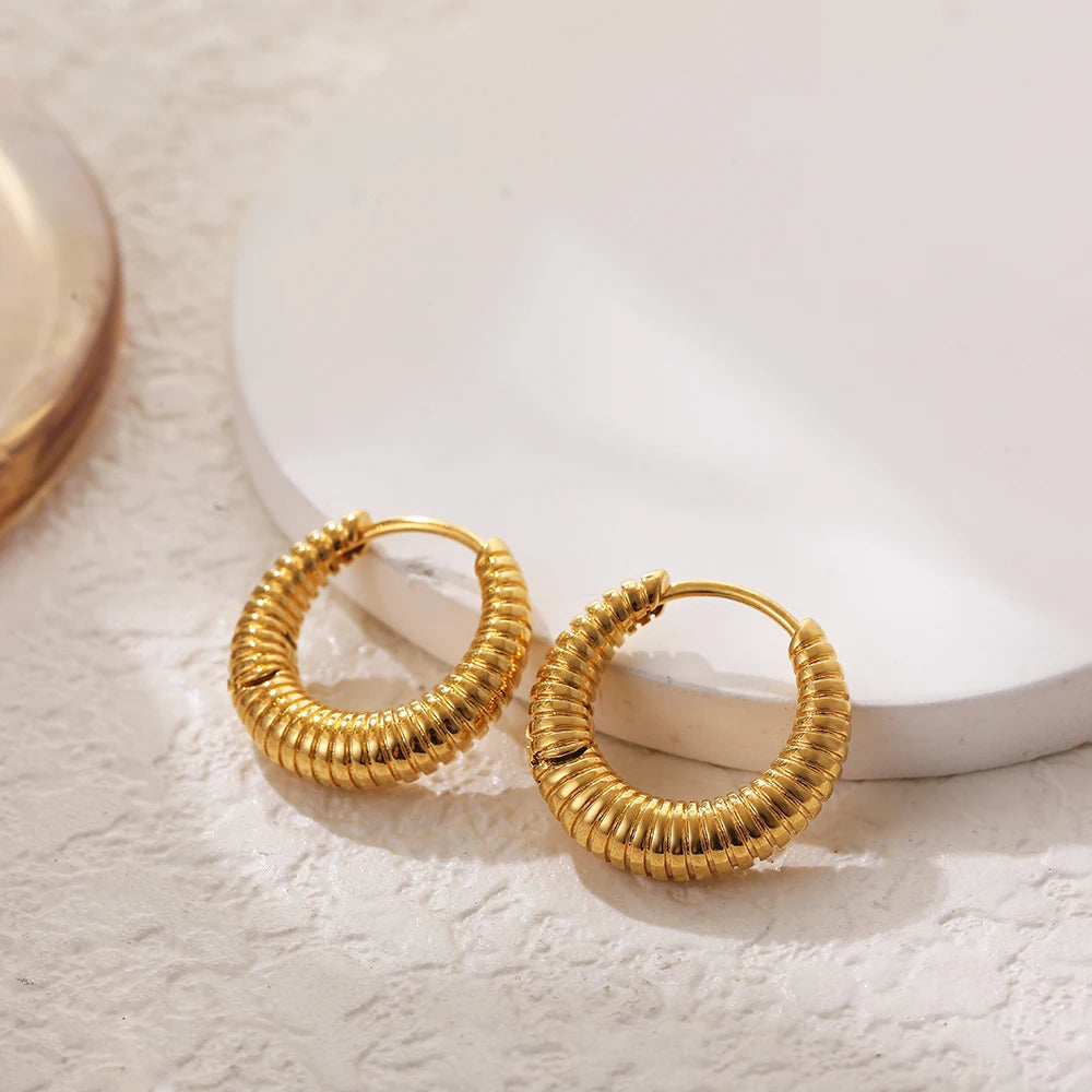 Fashion French Style Textured Round Circle Hoop Earrings for Women Brass Gold Plated Ear Buckle  Jewelry