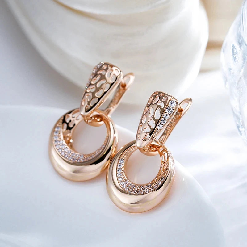 Wbmqda Luxury Circle Hollow Drop Earrings For Women 585 Rose Gold Color With White Natural Zircon Fine Daily Party Jewelry