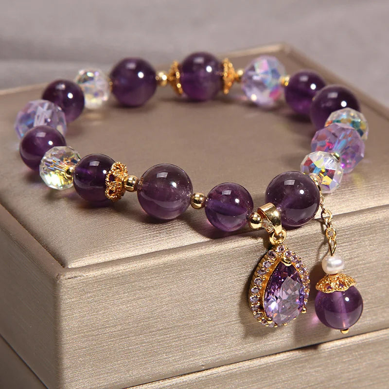 New Purple Crystal Beaded Bracelets For Women Shiny Zircon Flower Water Drop Charm