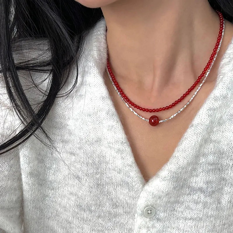 Silver Water Wave Chain Red Agate Beads Heart Beaded Pendant Necklaces for Women Gold Silver Plated Sweater Chain