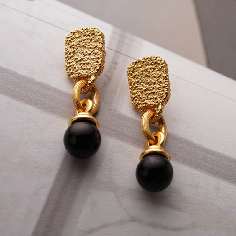 Retro Jewelry 925 Silver Needle Metal Gold Color Earrings  Trend New High Quality Brass Black Ball Earrings Fro Women Female