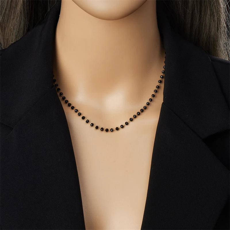 316L Stainless Concise Steel Black Glass Stone Necklace Bracelet Suit For Womens 2024 New TrendNon-fading jewelry Set