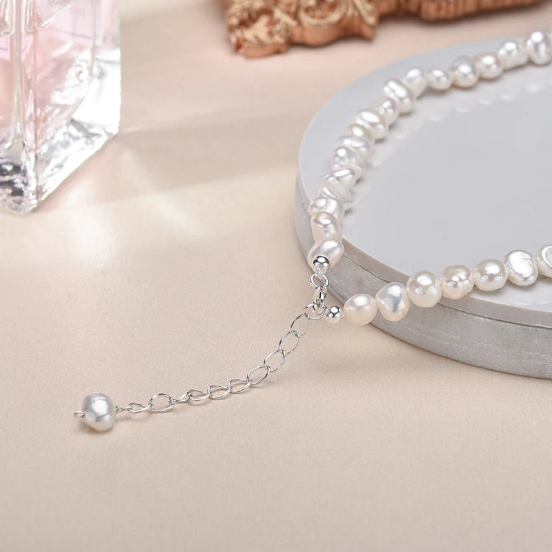 5-6mm Natural Baroque Freshwater Pearl Necklace Fashion Jewelry ,925 Sterling Silver Choker Necklace for Women Girls